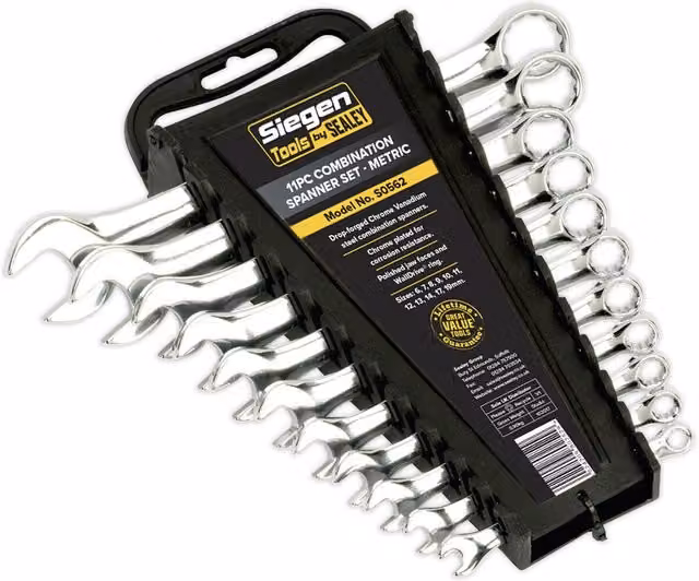 Loops 11pc Slim Handled Combination Spanner Set, 12 Point Metric Ring Open End Head, Chrome Vanadium Steel, Silver and Multicolour