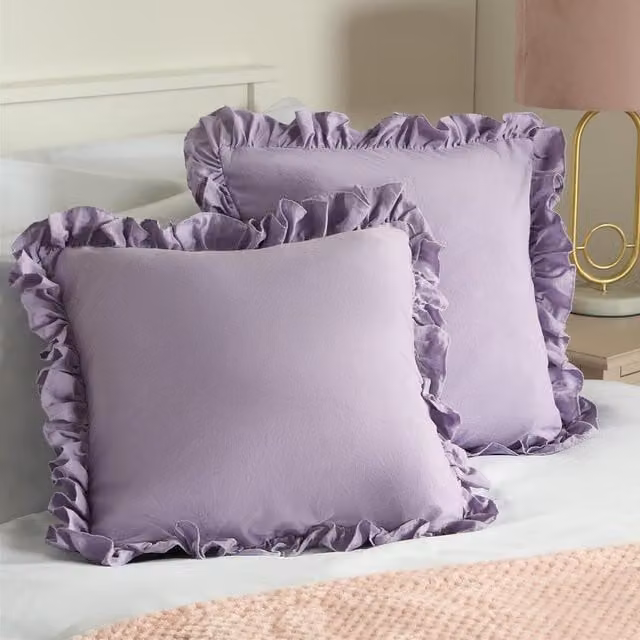 Highams Range Pack of 2 Square Linen Frill Cushion Covers in Purple