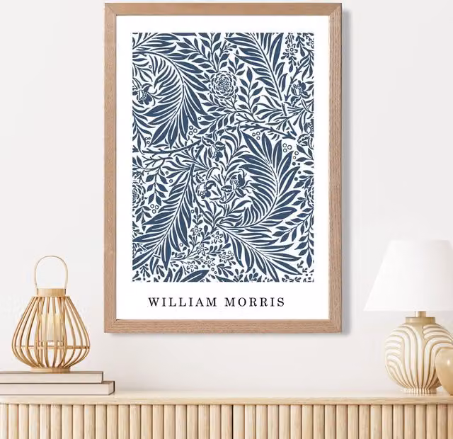 ARTZE Vintage William Morris Larkspur Floral Art Print in Blue and White with Oak Wood Frame, A3