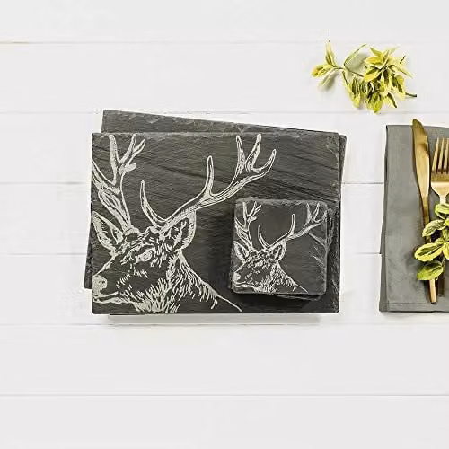 The Just Slate Company Stag Coaster and Place Mat Set in Black and Grey