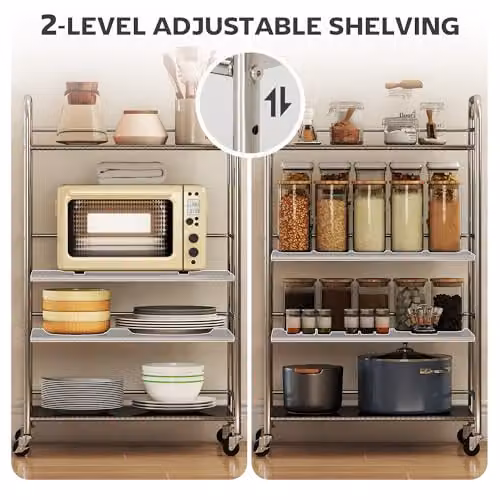 HOMCOM 4 Tier Stainless Steel Storage Trolley with Adjustable Shelves and Castors, Silver, W: 60.0 cm, D: 35.0 cm, H: 100.0 cm – 4