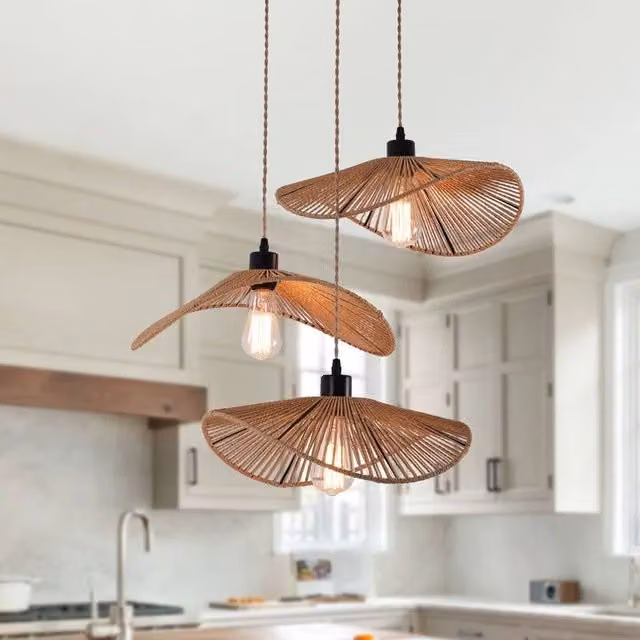 Garwarm 3-Light Rattan Farmhouse Cluster Pendant Light in Brown – 1