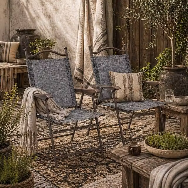 Wyld Haus Hael Set of 2 Grey Folding Garden Chairs with Steel Frames and Mesh Seats – 1