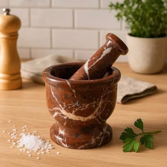 Orsina Salmo Red and White Marble Round Mortar and Pestle