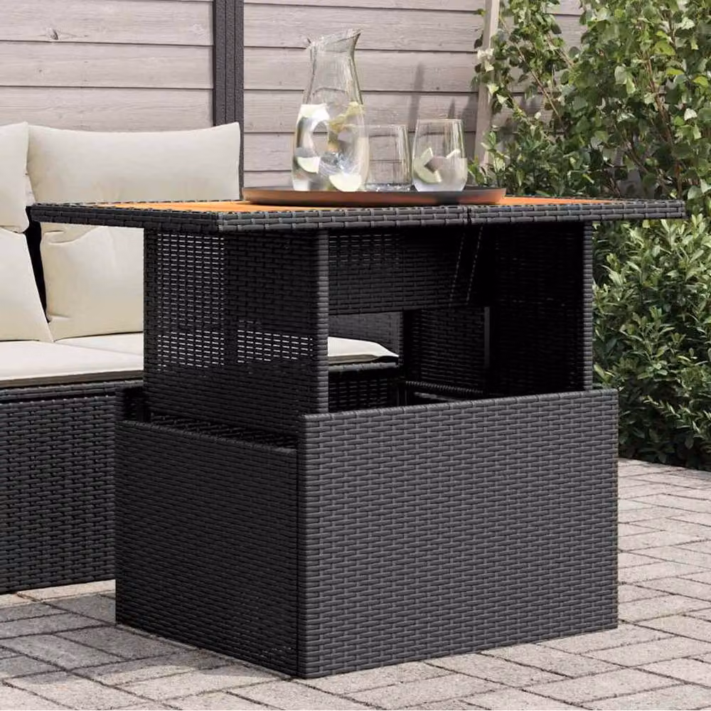 Berkfield Home Black Poly Rattan and Acacia Wood Garden Table, W: 100 cm, D: 55 cm, H: 73 cm – 2