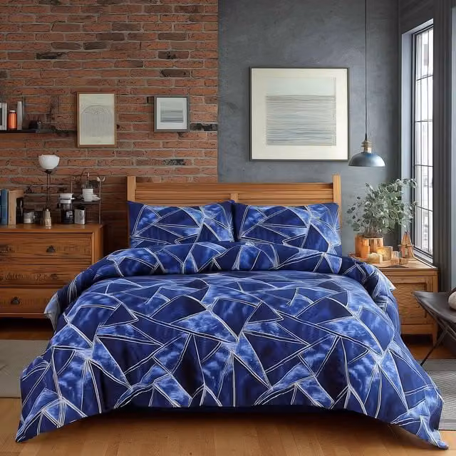 Snug City Blue Triangle Design Polycotton Duvet Cover and Pillowcase Set, Super King, W: 200 cm x D: 200 cm