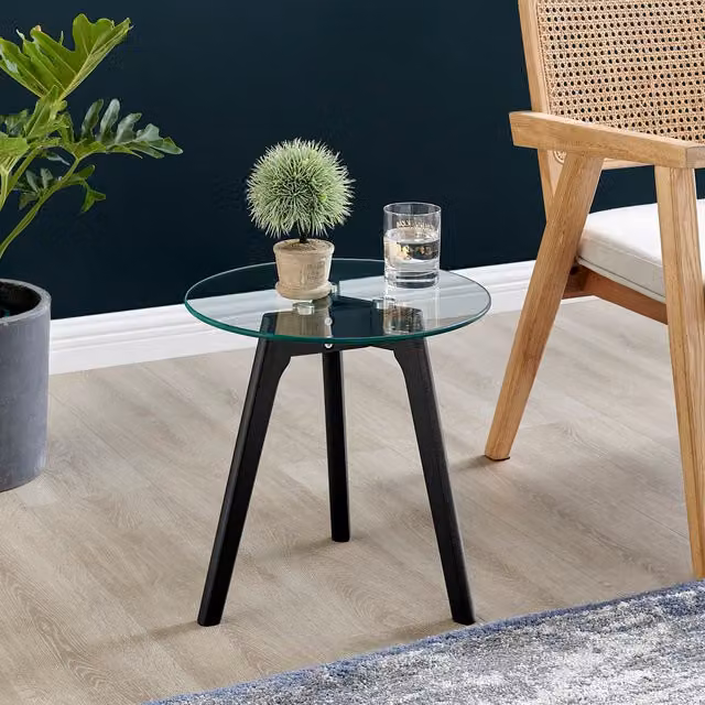 FurnitureboxUK Malmo Round Glass Side Table with Black Wood Legs