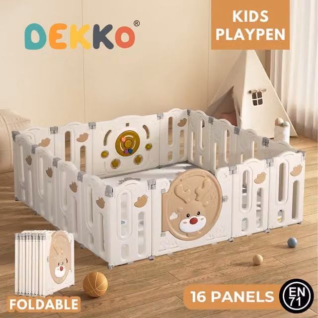 Dekko Foldable Rectangular Baby Playpen in White and Brown, W/D/H: 190 x 190 x 63 cm
