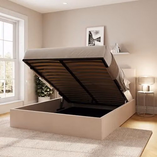 GFW Double Ottoman Bed Frame in Beige Fabric with Hydraulic Lift and Stitched Headboard, W/D/H: 202 x 140 x 84 cm – 3