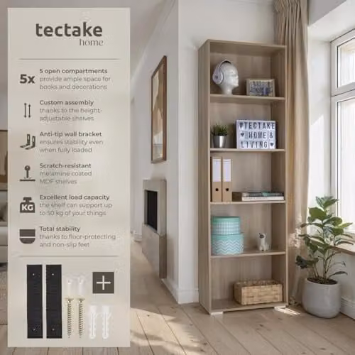 tectake 5-Tier Minimalist Oak Bookcase with Adjustable Shelves, H 190 x W 30 x D 30 cm – 4
