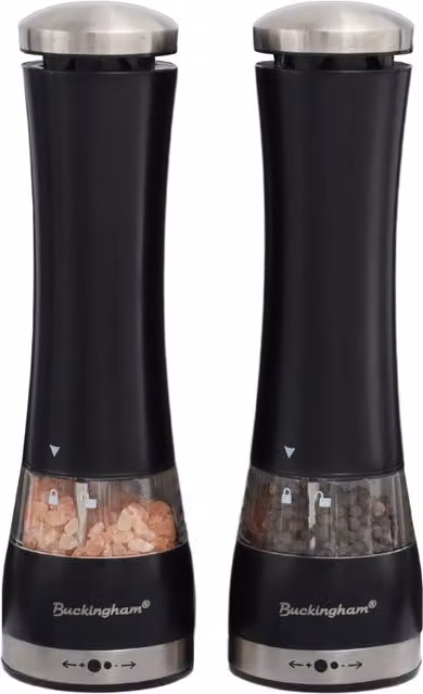 Buckingham Premium Electric Salt and Pepper Mill Set in Black Stainless Steel with Silver Ceramic Grinders