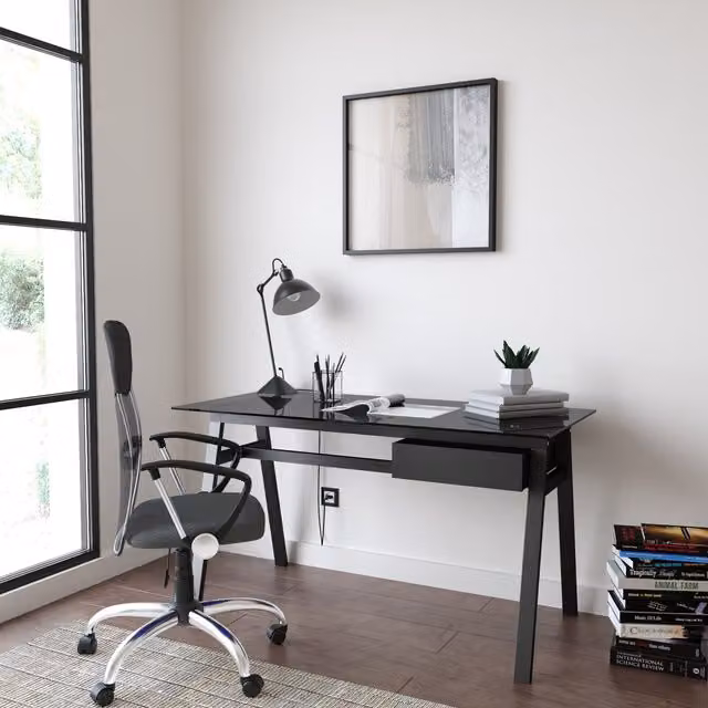 Dorel Richmond Orlando Black Desk and Office Chair Bundle with Glossy Glass Top