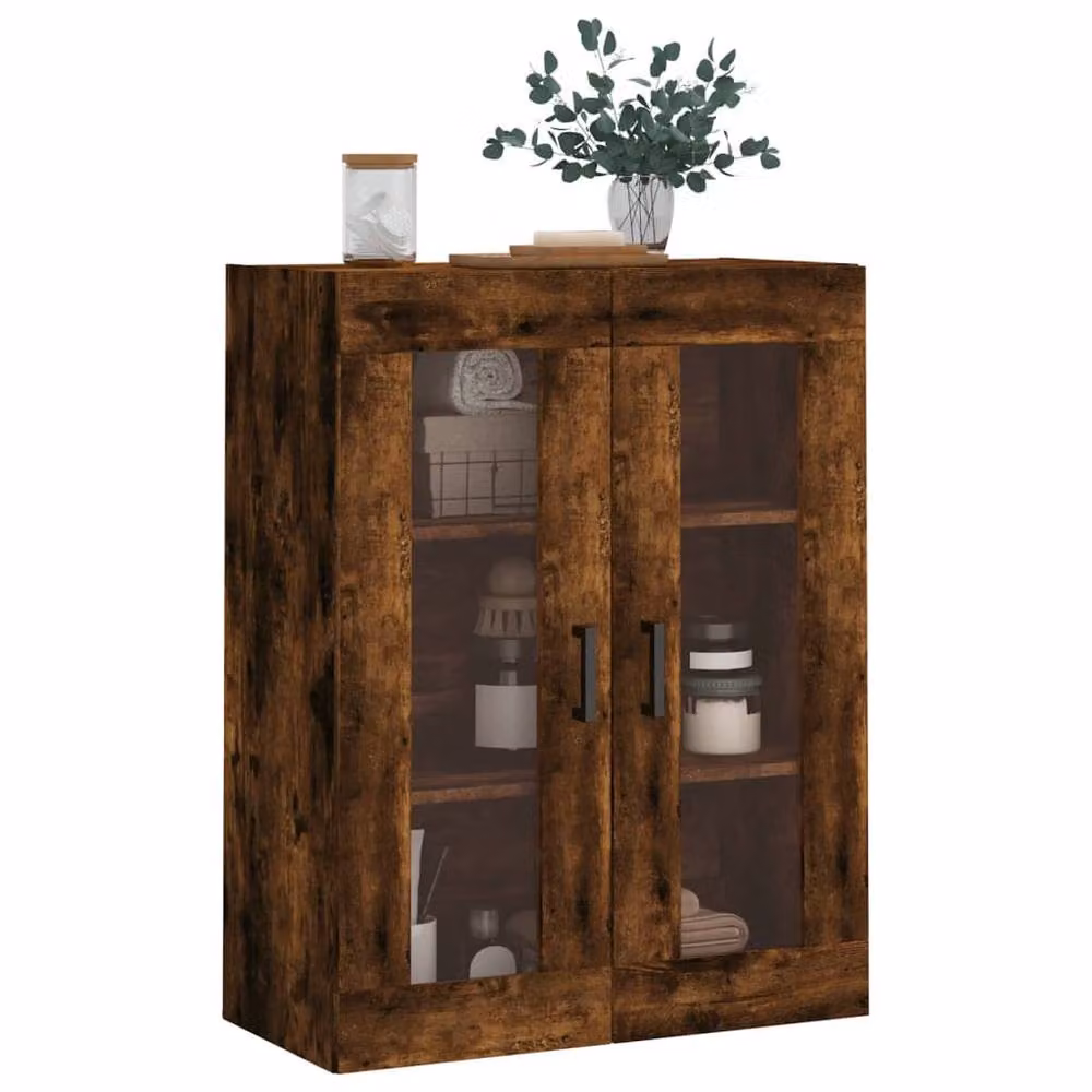 Berkfield Home Wall Mounted Smoked Oak Cabinet with Glass Doors in Brown, W/D/H: 69.5 x 34 x 90 cm – 4
