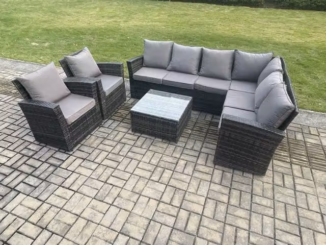 Fimous 8 Seater Rattan Garden Furniture Set with L-Shape Corner Sofa, 2 Chairs and Coffee Table in Dark Grey