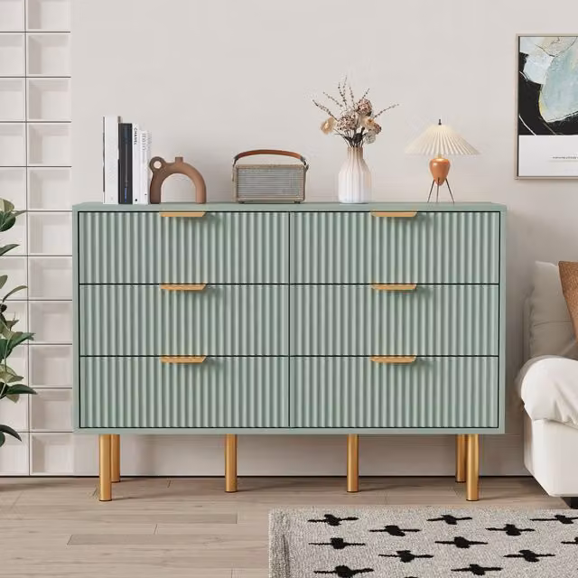 HMD Modern 6 Drawer Chest of Drawers in Green with Gold Accents