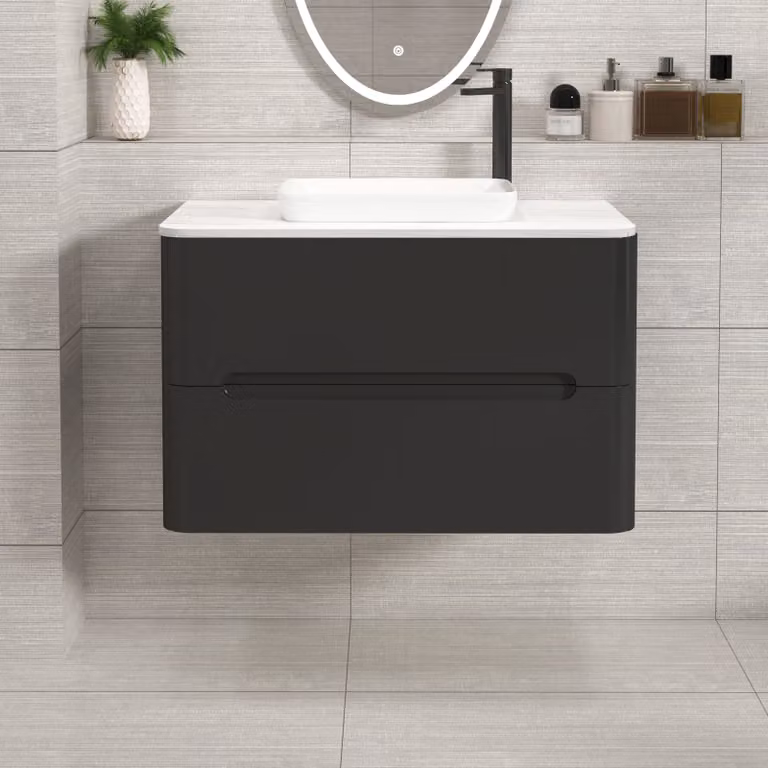 Royal Bathrooms Venice 800mm Matt Nocturne Black Wall Hung 2 Drawer Vanity Unit with Qubix Basin