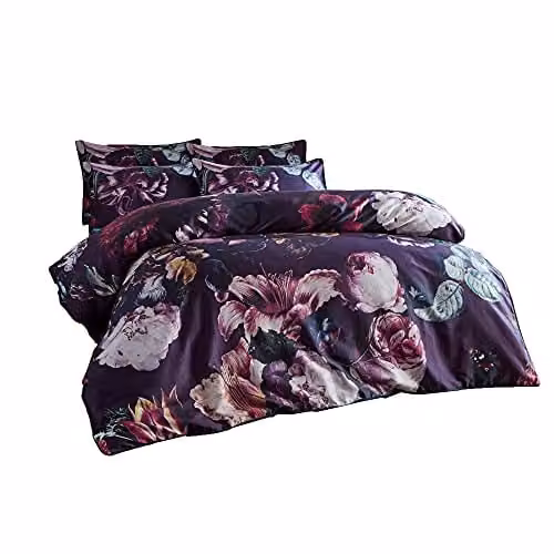 Paoletti Cordelia Floral 100% Cotton Reversible Double Duvet Cover Set with Pillowcases in Purple Multicolour, W/D/H: 140 x 200 cm, Pillowcases: 50 x 75 cm – 1