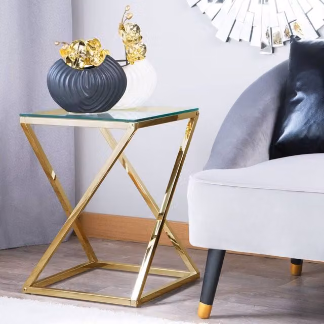 Wyld and Coco Living Glam Geometric Side Table in Gold with Tempered Glass and Steel W/D/H: 40 x 40 x 40 cm – 1