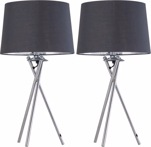 First Choice Lighting Set of 2 Chrome Tripod Lamps with Grey and Silver Fabric Shades