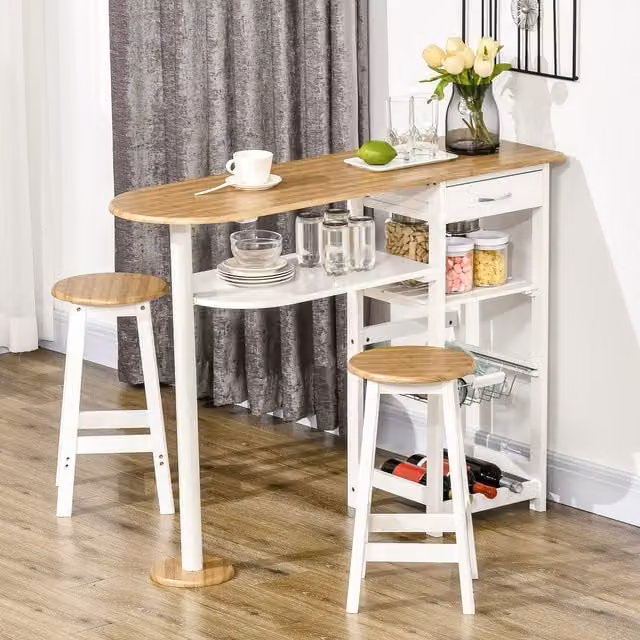 HOMCOM 3 Piece Modern Bar Table and Chairs Set with Storage Shelf in White