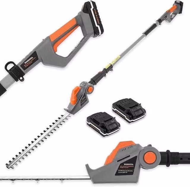 Terratek 20V 2.4m Telescopic Cordless Reciprocating Hedge Trimmer with 2 Fast Charge Batteries and Charger, Orange