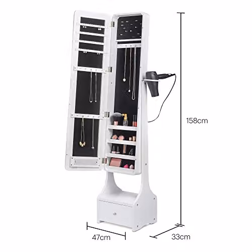 BTFY White Freestanding Mirror Jewellery Cabinet with LED Lighting and Storage Drawers, H 158 x W 47 x D 33 cm – 3