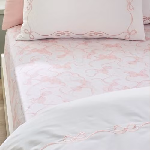Catherine Lansfield Bow Fitted Sheet White and Pink W/D/H: 150 x 200 x 30 cm