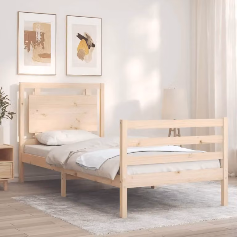 Berkfield Home Rustic Solid Pine Bed Frame with Headboard, Brown, W/D/H: 100 x 200 cm