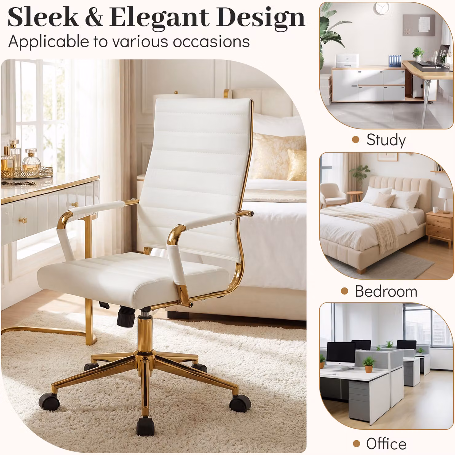Costway Modern White and Gold Ribbed Faux Leather Swivel Office Task Chair with Armrests and Castors – 2
