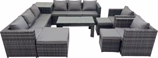 Fimous 11 Seater Rattan Outdoor Furniture Set with L-Shape Corner Sofa, Ottoman and Coffee Table in Dark Grey – 1
