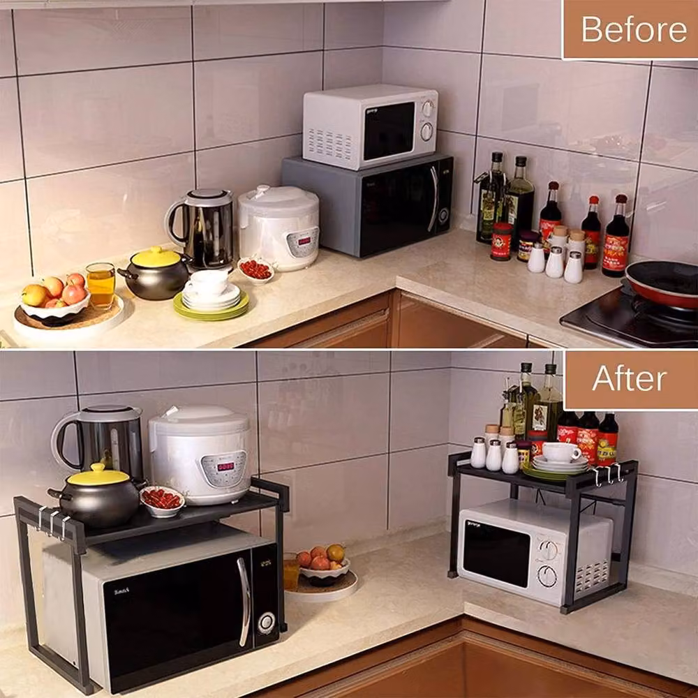 KORVIXA 2 Tier Expandable Microwave Oven Rack Stand in Black with Adjustable Shelves – 3