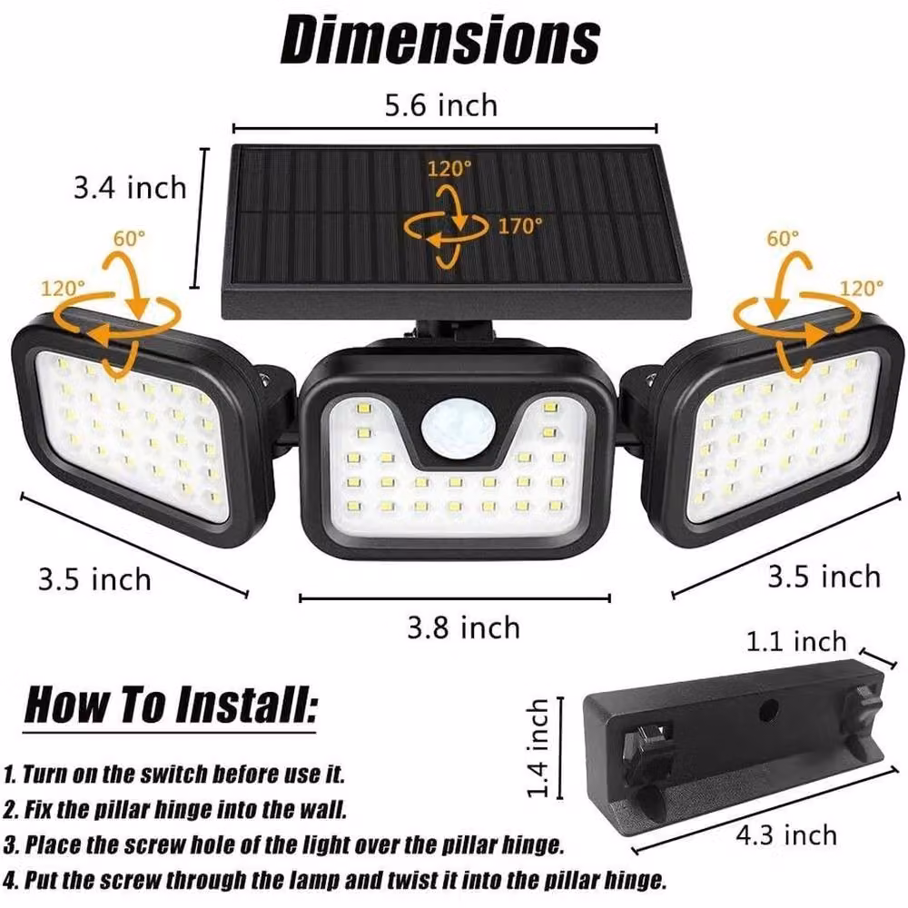 NESTLUNE 3-Head Solar LED Outdoor Floodlight with PIR Motion Sensor and Dusk Sensor in Black – 2