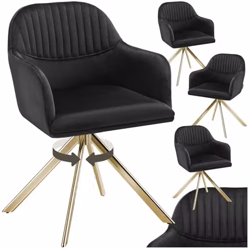 tectake Set of 4 Black and Gold Velvet Swivel Dining Chairs with Armrests and Steel Legs – 1