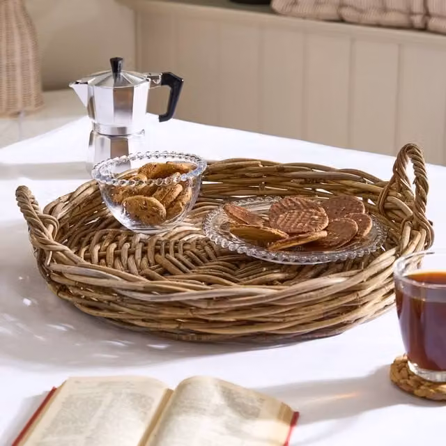 Dibor Natural Rattan Small Decorative Tray with Handles, Brown, W: 45 cm, L: 30 cm, H: 13 cm – 1