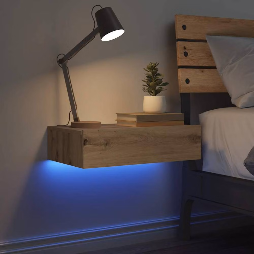 Berkfield Home Artisan Oak Wall Mounted Bedside Cabinet with Integrated Lighting, Brown, W: 60 cm, D: 35 cm – 3