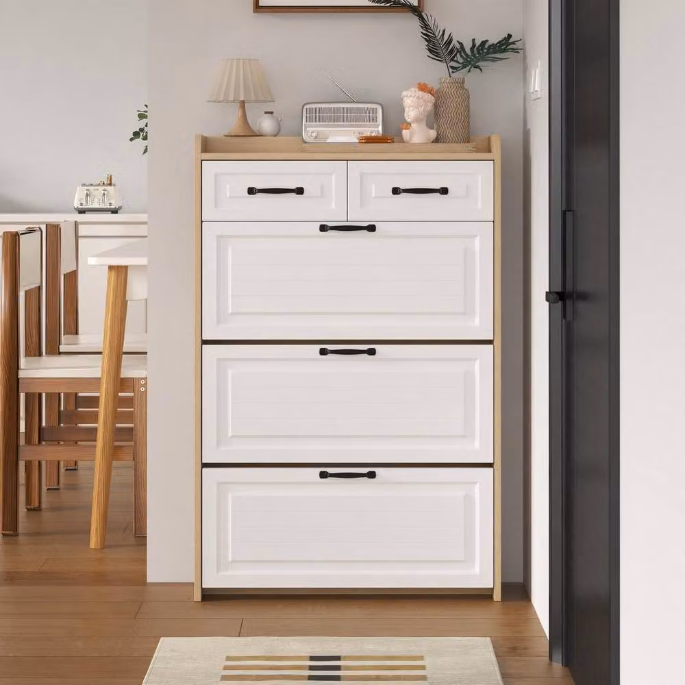 Matteo White Narrow Wooden Shoe Storage Cabinet with Tilting Compartments and Internal Shelves – 2