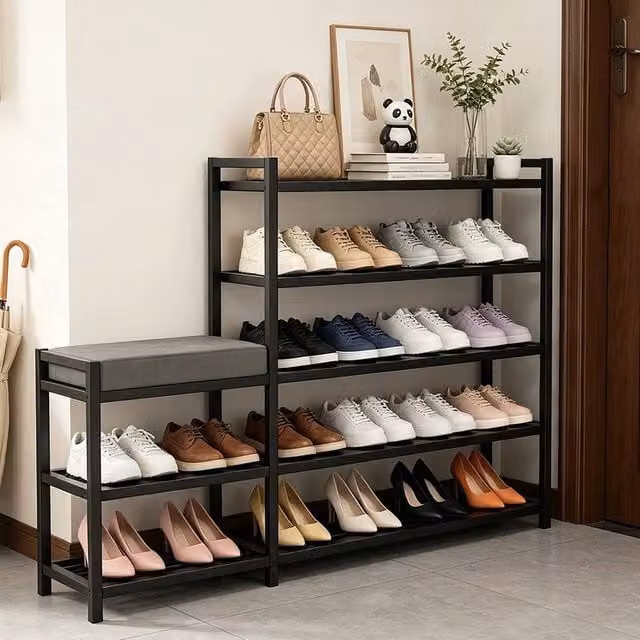 VOGREX UK Modern Black Metal Shoe Rack Organiser for Hallways, W/D/H: 120 x 73 x 8 cm