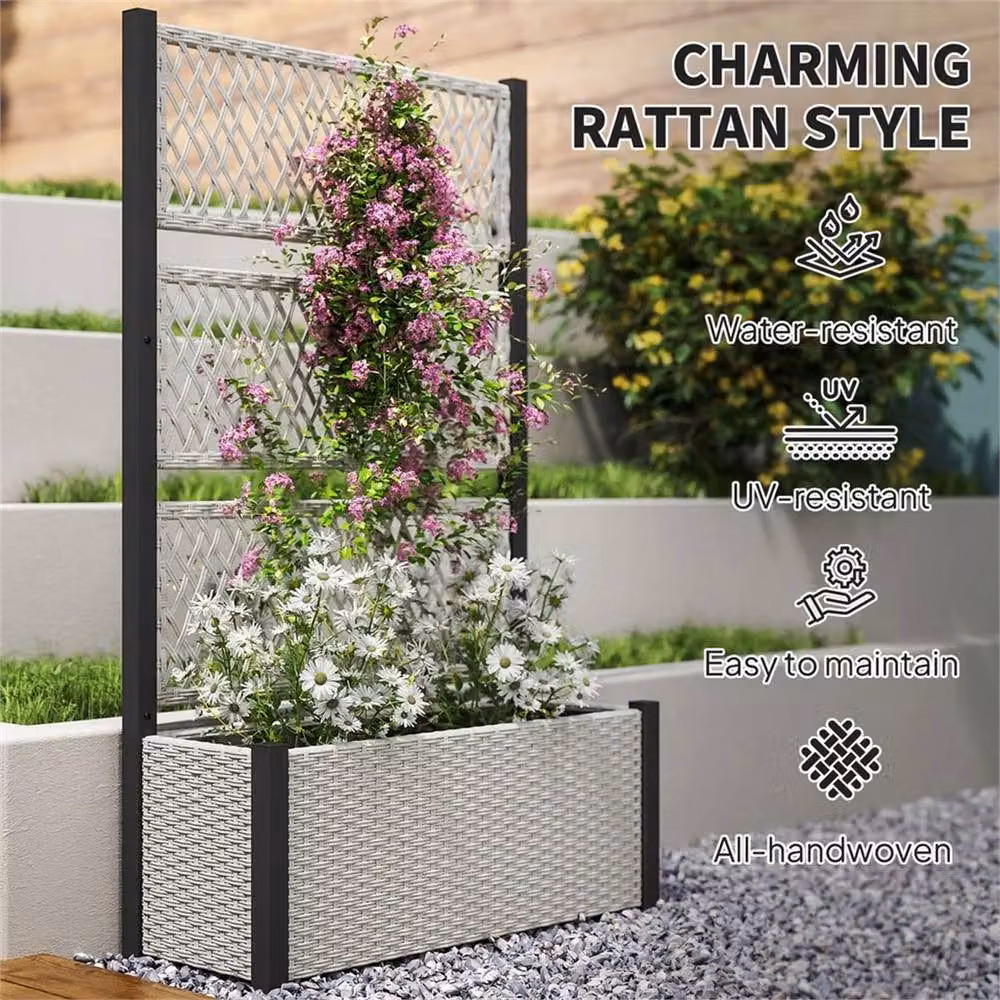 SPETLEK Mixed-grey Rattan Raised Planter Box with Climbing Trellis Support, W/D/H: 148 x 90 x 35 cm – 4