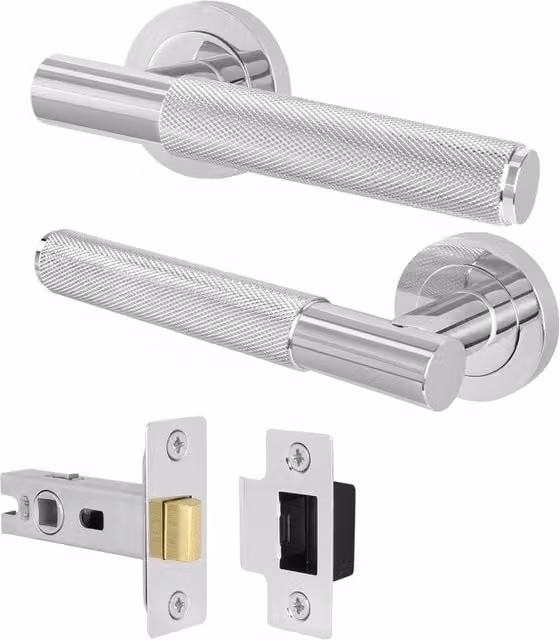 AFIT Polished Chrome Knurled Round Rose Door Handles with Latch, 1 Pair in Silver