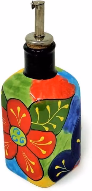 Verano Spanish Ceramics Hand Painted Floral Squared Oil and Vinegar Drizzler with Cork and Chrome Pourer, 300ml, Multicolour – 1