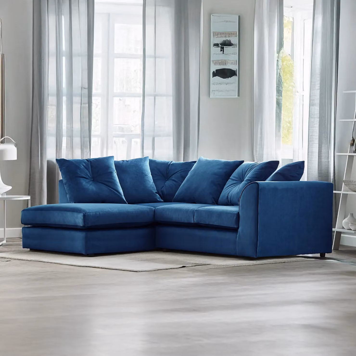 Furnishings For Less UK Fernando Soft Plush Velvet 3 to 4 Seater L Shaped Corner Sofa, Left Hand Facing with Scatter Back in Blue – 2
