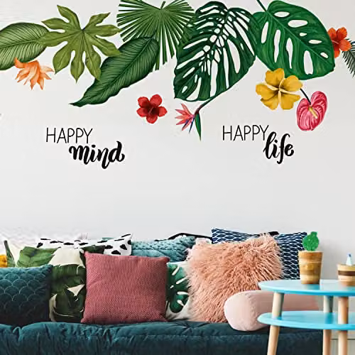 WALPLUS Tropical Summer Floral Wall Stickers, 26 Piece Multicolour Removable Adhesive Decals for Nursery and Kids Bedroom Decor – 3