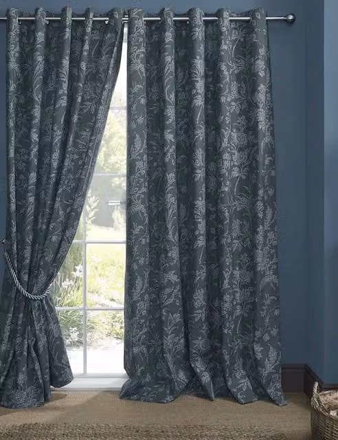 Laura Ashley Lloyd Floral Blue Mix Pure Cotton Eyelet Curtains, Thermal Insulating and Opaque, H: 229 cm