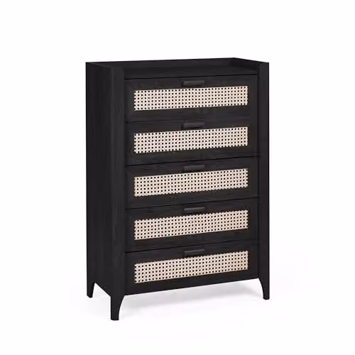 Julian Bowen Sydney 5 Drawer Chest of Drawers in Black with Rattan Detail, H: 114 cm, W: 80 cm, D: 41 cm