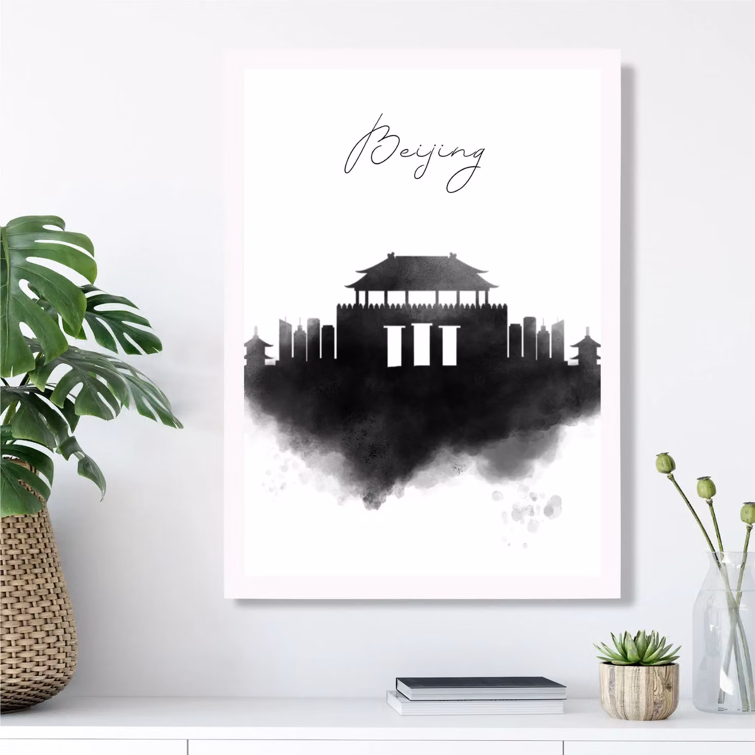 ARTZE Beijing Watercolour Skyline City Framed Print, Black and White, A2 – 2