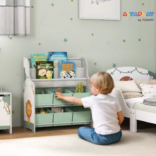 AIYAPLAY Kids Storage Unit with 6 Fabric Drawers and 2-Tier Sling Rack, Green – 2