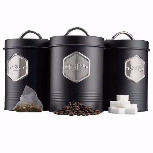 Cooks Professional 3-Piece Tea, Coffee and Sugar Airtight Canister Set in Black and Silver – 3