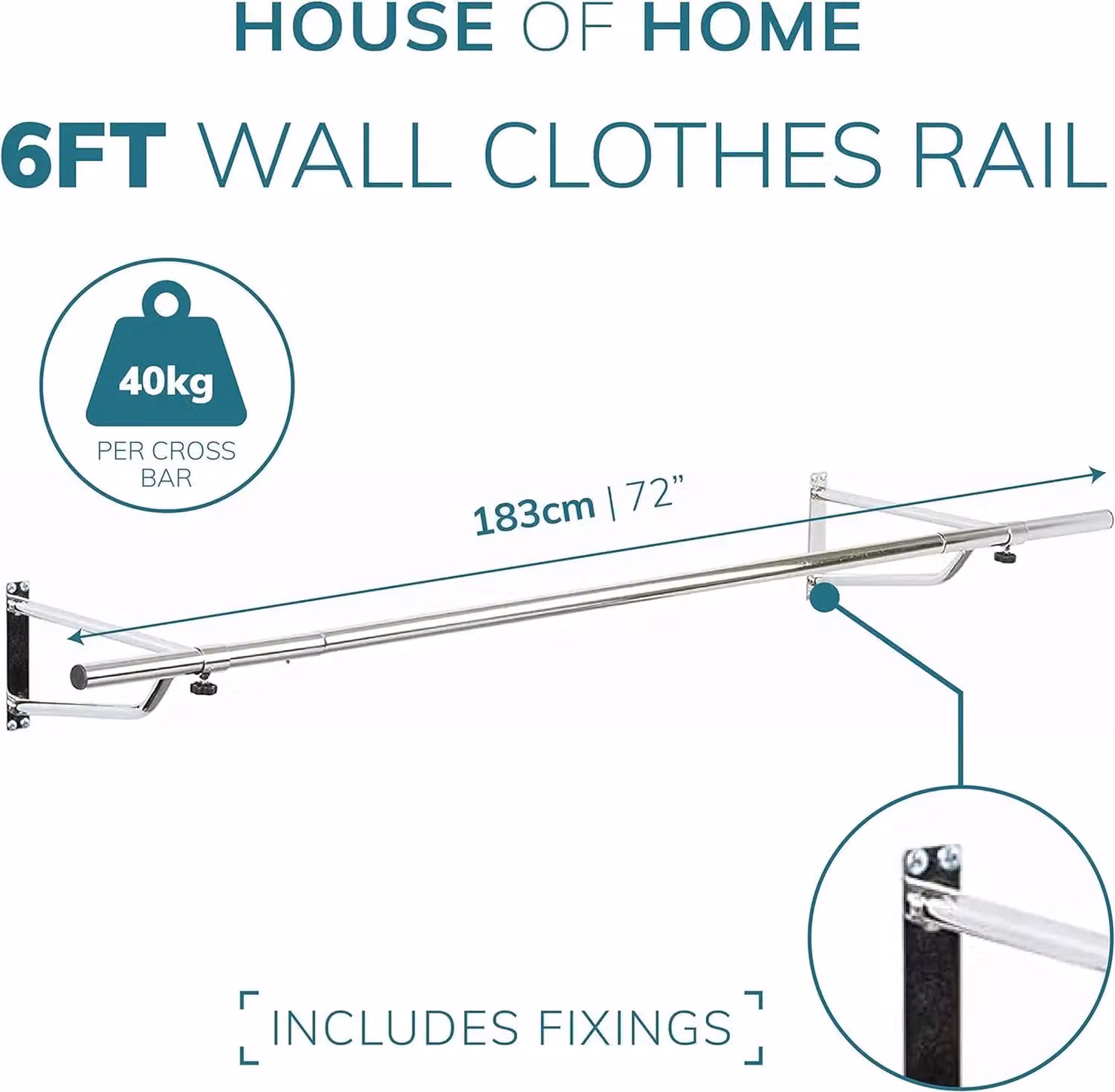 House of Home Wall Mounted Metal Clothes Rail in Silver, Length: 182.88 cm – 2