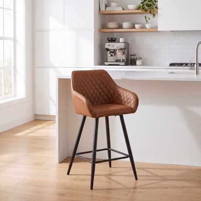 Shankar Industrial Brown Synthetic Leather Quilted Bar Stool with Black Metal Frame