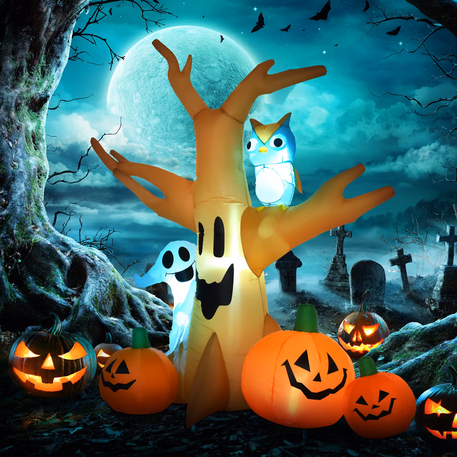 HOMCOM Inflatable Halloween Tree with Ghost, Pumpkins and Owl featuring 4 LED Lights in Brown – 2